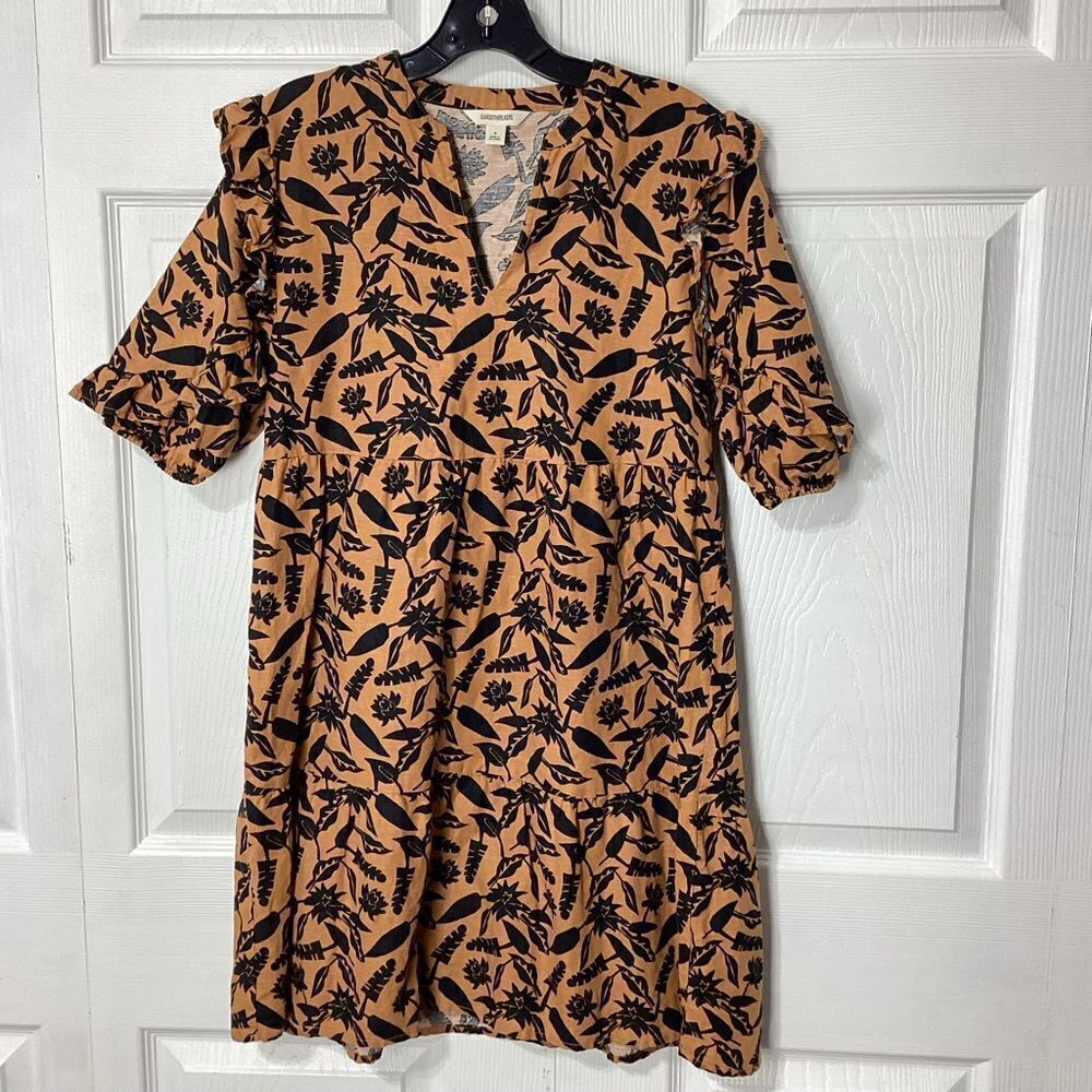 Goodthreads Floral Linen Dress Caramel Brown Midi Frilly Short Sleeve S